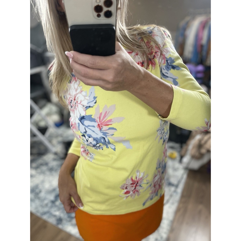 WOMENS JOULES 3/4 SLEEVE TOP BLOUSE YELLOW FLORAL PRINT US size 6 Thick Cotton - Picture 11 of 15